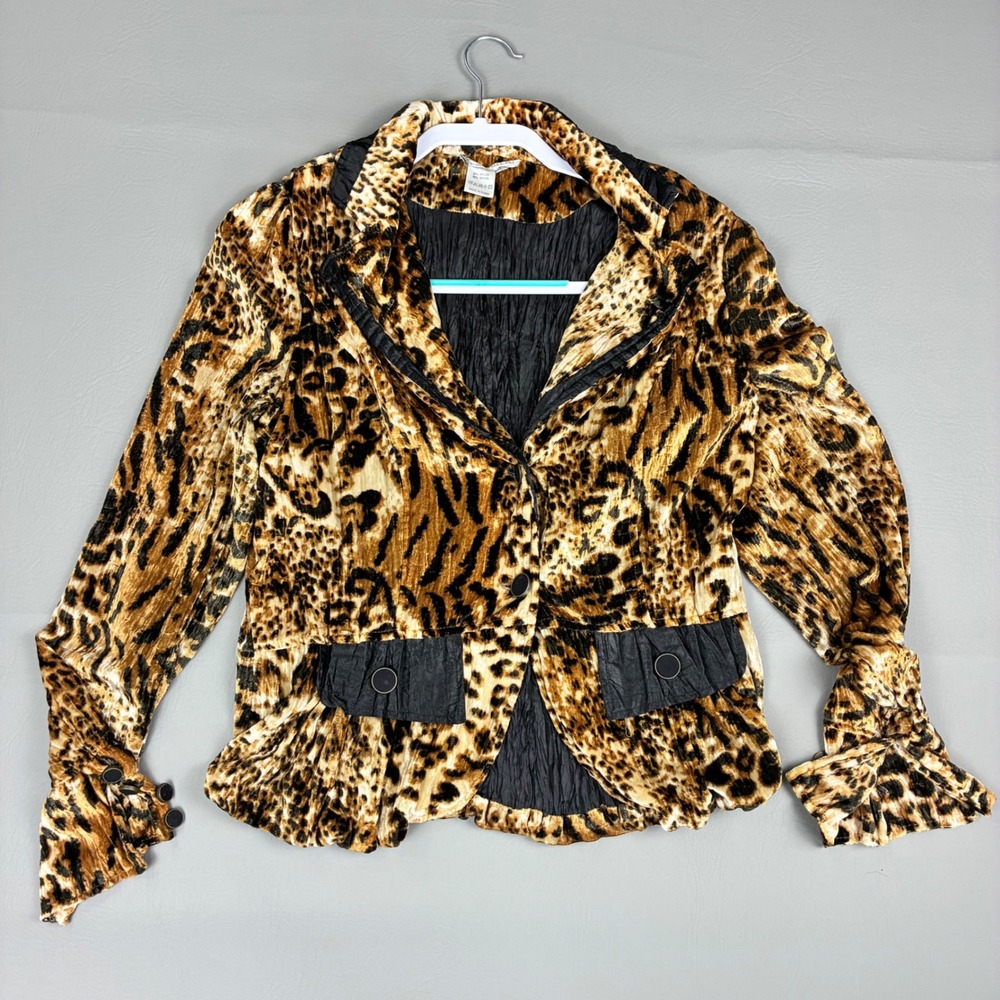 Alberto Makali Leopard Print Jacket Womens Large Faux Fur Mob Wife Y2K Chic AOP